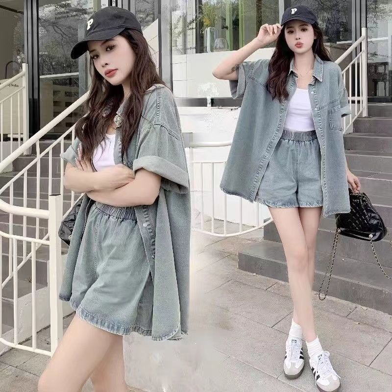 P summer short-sleeved casual loose and thin retro denim shirt and shorts two-piece set