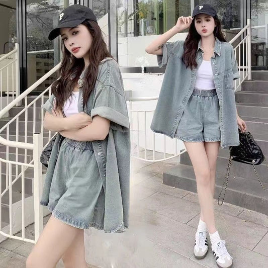 P summer short-sleeved casual loose and thin retro denim shirt and shorts two-piece set