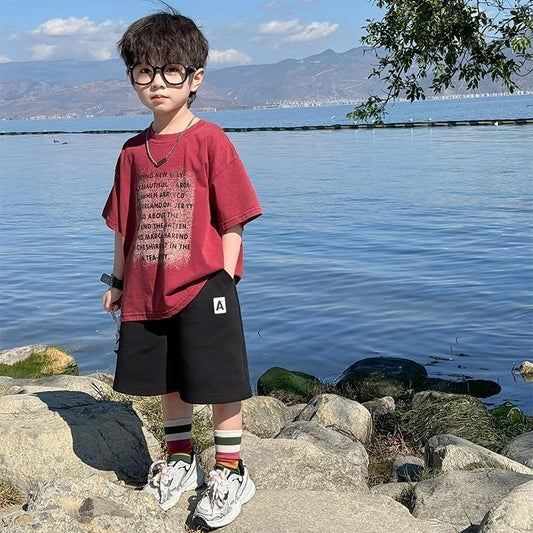 P boys summer new suit children's short-sleeved Korean version loose dragon fruit T-shirt black shorts two-piece set trendy