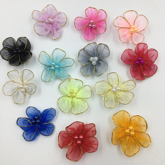 A Simulation plum blossom, flower with pearl snow yarn Phnom Penh snow yarn small flower ribbon flower shoe flower clothing flower wholesale - Mixbatch