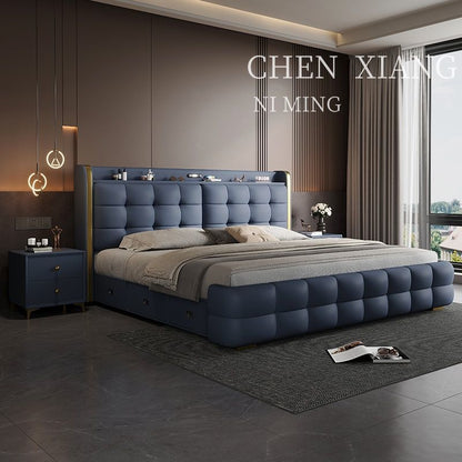 P Multifunctional storage Italian leather bed Light luxury luxury double master bedroom large bed Modern simple high-end soft bag wedding bed