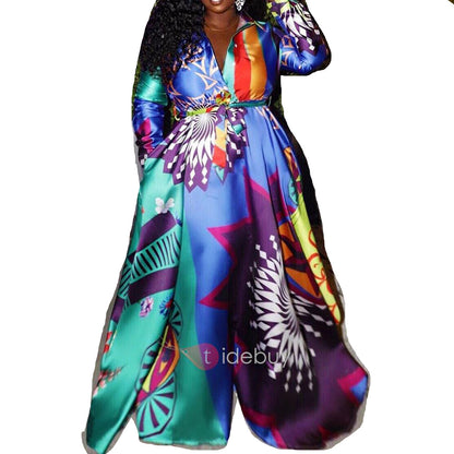 A European and American printed contrasting color dress, big swing dress, belt.