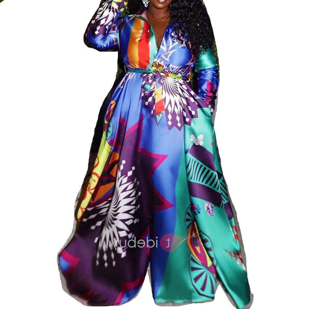 A European and American printed contrasting color dress, big swing dress, belt.