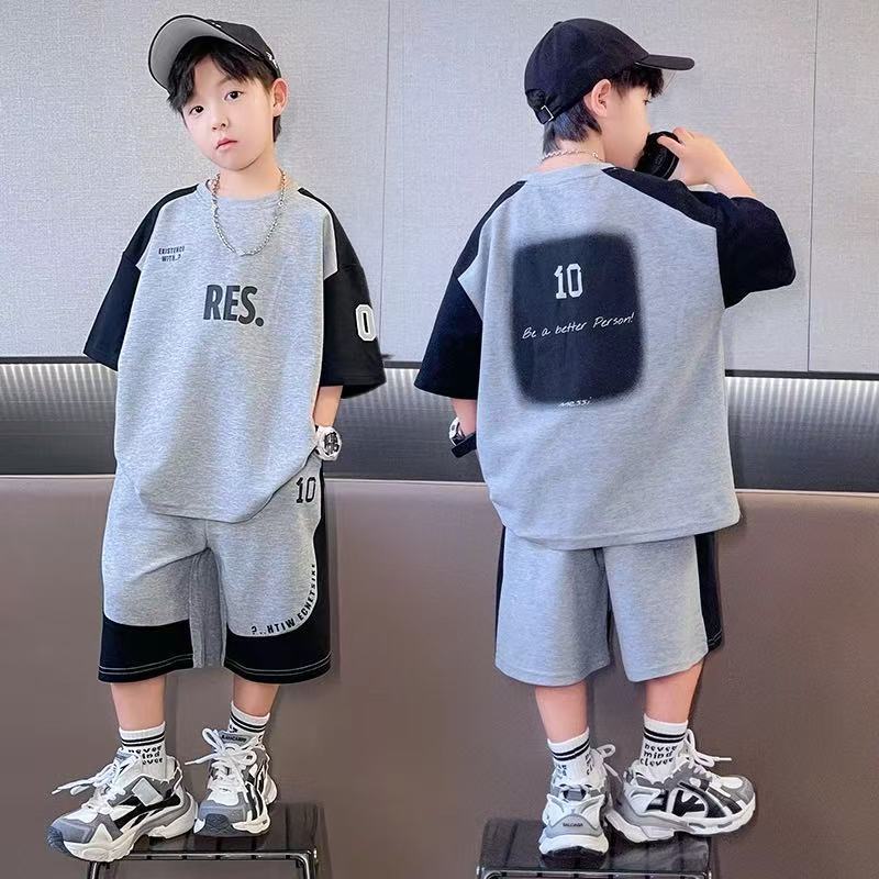 P [Pure Cotton Set] Boys Summer Short Sleeve Set Medium and Older Children's Sports Two-piece Set Boys Handsome Short Sleeve Shorts