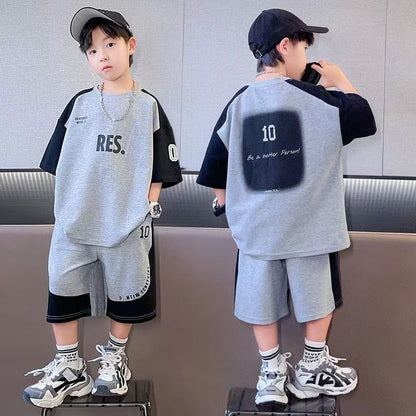P [Pure Cotton Set] Boys Summer Short Sleeve Set Medium and Older Children's Sports Two-piece Set Boys Handsome Short Sleeve Shorts