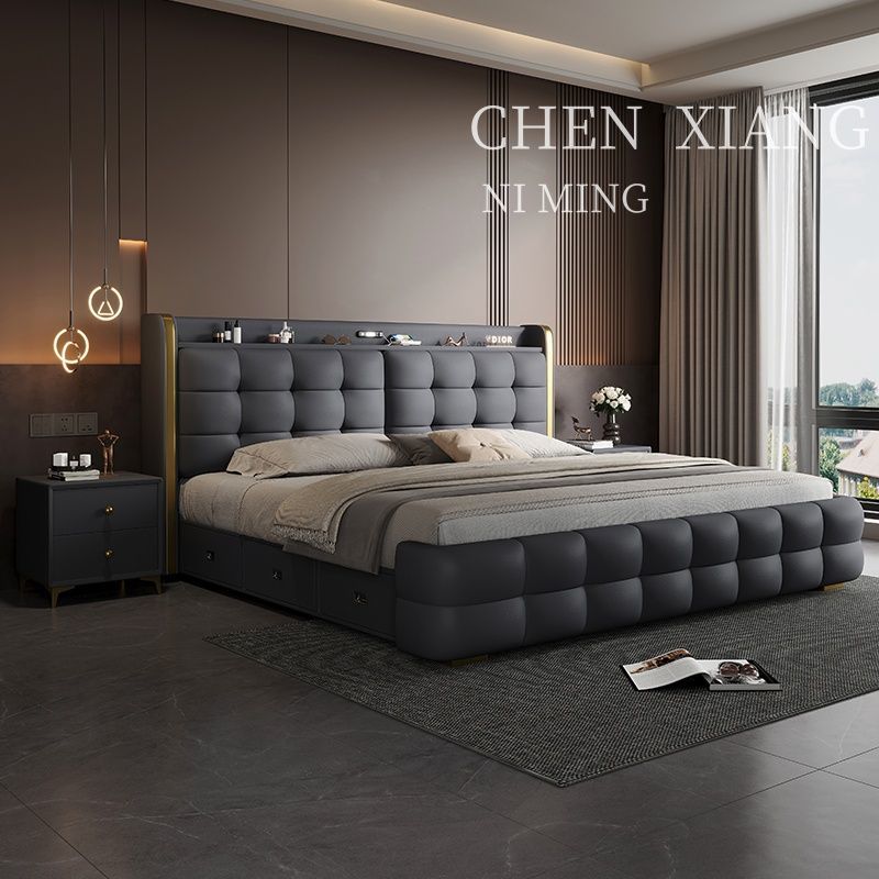 P Multifunctional storage Italian leather bed Light luxury luxury double master bedroom large bed Modern simple high-end soft bag wedding bed