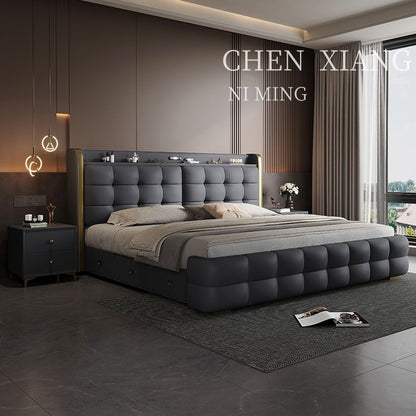 P Multifunctional storage Italian leather bed Light luxury luxury double master bedroom large bed Modern simple high-end soft bag wedding bed