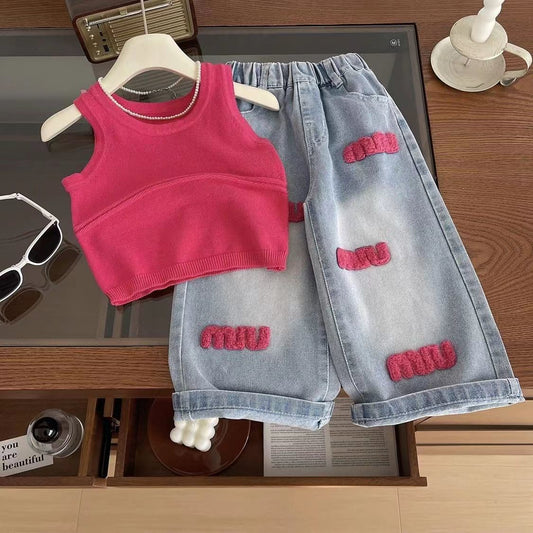 P new Korean version of female treasure knitted sling vest jeans two-piece set children's summer models