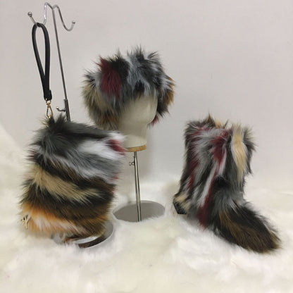 A women's fluffy snow boots clutch bag plush headband headgear three 3-piece set