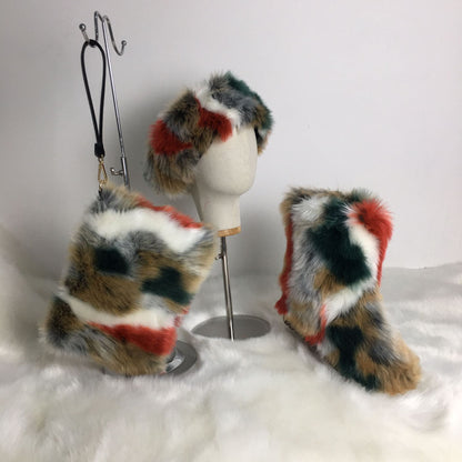 A women's fluffy snow boots clutch bag plush headband headgear three 3-piece set