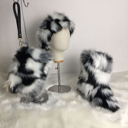 A women's fluffy snow boots clutch bag plush headband headgear three 3-piece set