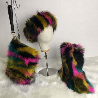 A women's fluffy snow boots clutch bag plush headband headgear three 3-piece set