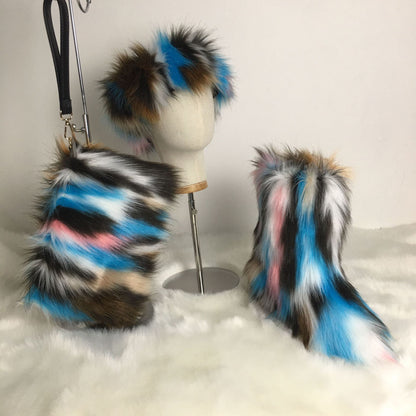 A women's fluffy snow boots clutch bag plush headband headgear three 3-piece set