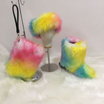 A women's fluffy snow boots clutch bag plush headband headgear three 3-piece set