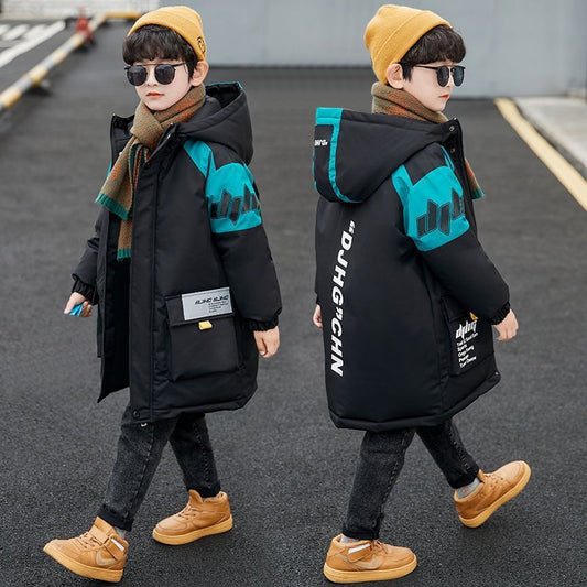 A Boys' piled and thickened cotton clothes jacket medium and large children's foreign style medium and long children's cotton clothes