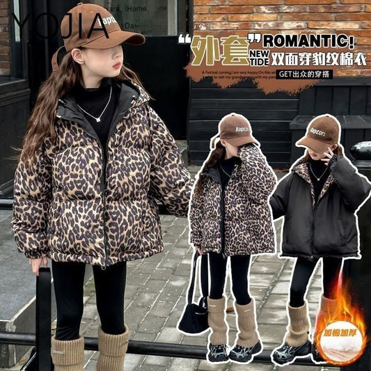 P wears cotton-padded clothes on both sides, parent-child clothes, new children's leopard print hooded warm thickened jacket, foreign gas cotton-padded jacket
