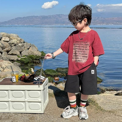 P boys summer new suit children's short-sleeved Korean version loose dragon fruit T-shirt black shorts two-piece set trendy