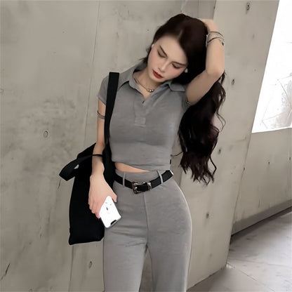 P summer new Spice Girl design short top + high waist and thin pants