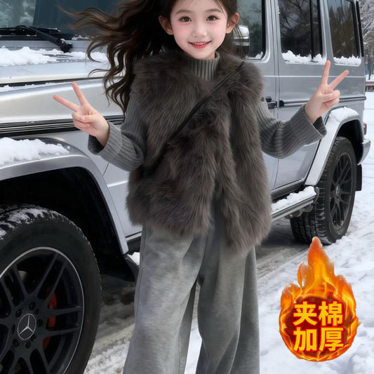 P Girls' Suit Autumn and Winter New Fashion Children's Fur Vest Foreign Thickened Pants Fashionable Three-Piece Set
