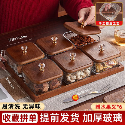 P Bamboo Wood Glass Fruit Snack Plate with Lid