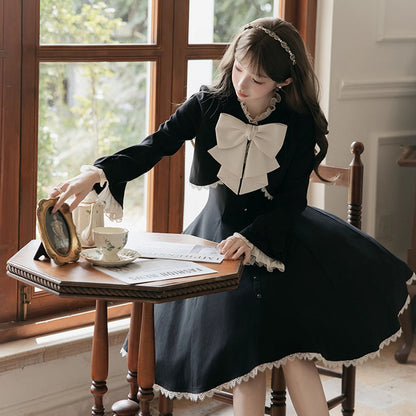 P Autumn and winter court style lady elegant cut waist light Lolita small black dress cardigan suit