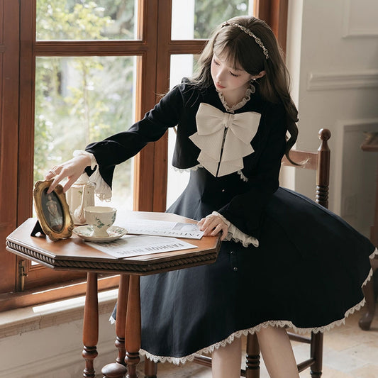 P Autumn and winter court style lady elegant cut waist light Lolita small black dress cardigan suit