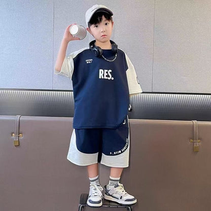 P [Pure Cotton Set] Boys Summer Short Sleeve Set Medium and Older Children's Sports Two-piece Set Boys Handsome Short Sleeve Shorts