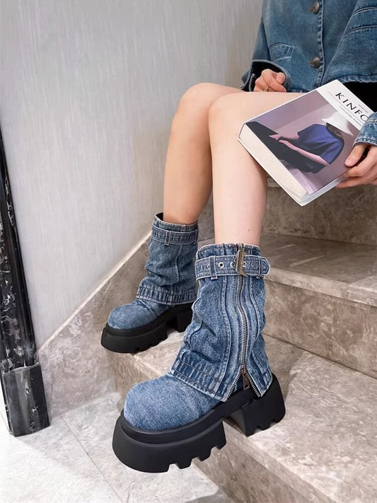 P Martin Boots Denim Fake Two Piece Pile Boots Locomotive Boots Short Boots Spice Girls Zipper Women's Shoes