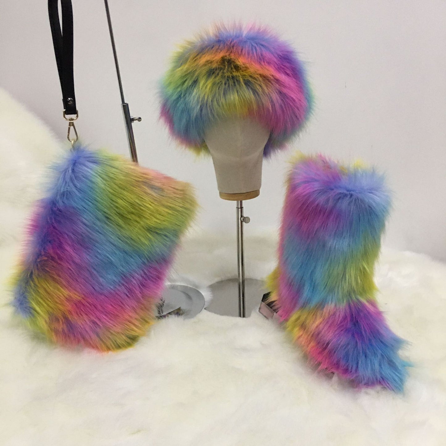 A women's fluffy snow boots clutch bag plush headband headgear three 3-piece set