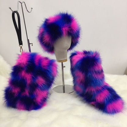 A women's fluffy snow boots clutch bag plush headband headgear three 3-piece set