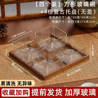 P Bamboo Wood Glass Fruit Snack Plate with Lid