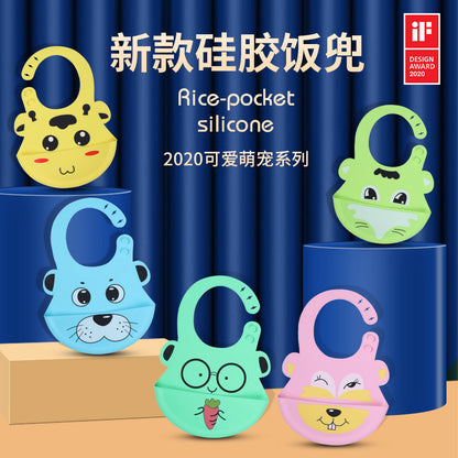 Baby silicone rice pocket waterproof leave-in baby three-dimensional bib children children large saliva pocket adjustable rice pocket