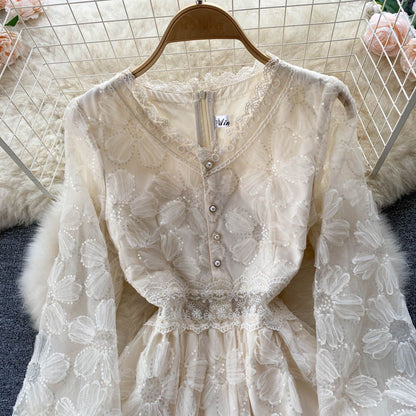 P Gentle Wind Feminine Flavor Waist Skinny Long Sleeve First Love Skirt A-word Skirt Elegant Temperament V-Neck Lace Even...