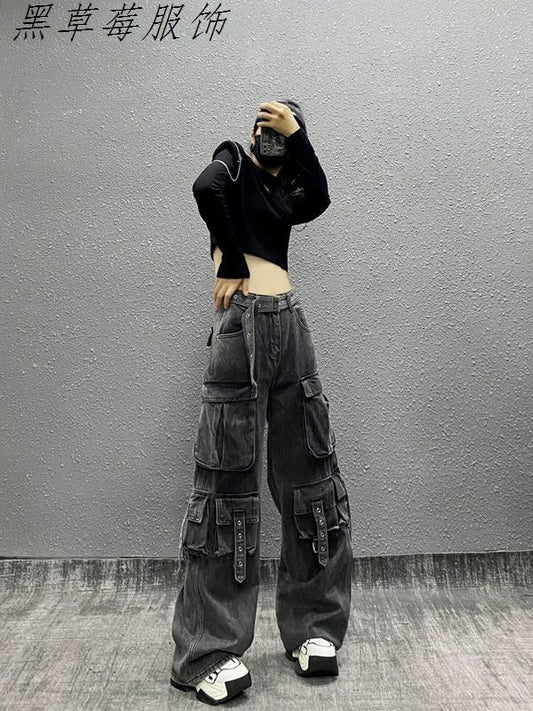 P handsome loose tooling jeans women's spring and autumn new high waist loose and thin versatile straight wide leg mopping pants