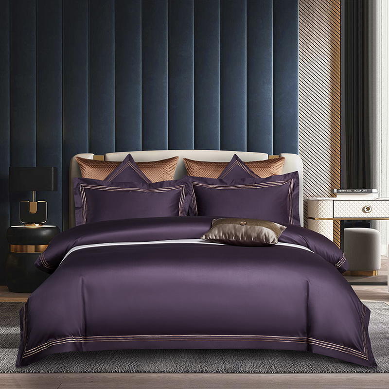 High end 180 thread long staple cotton four piece set of European light luxury all cotton satin high-density solid color hotel bedding - Mixbatch