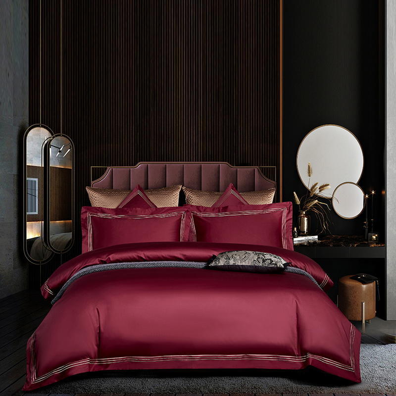 High end 180 thread long staple cotton four piece set of European light luxury all cotton satin high-density solid color hotel bedding - Mixbatch