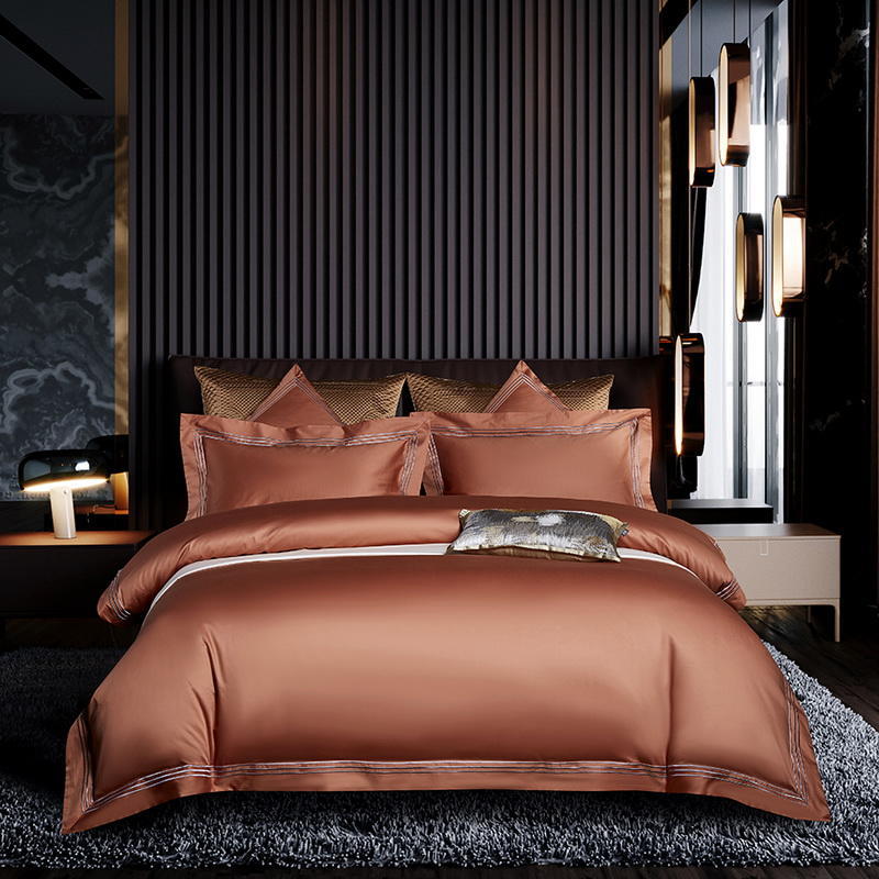 High end 180 thread long staple cotton four piece set of European light luxury all cotton satin high-density solid color hotel bedding - Mixbatch