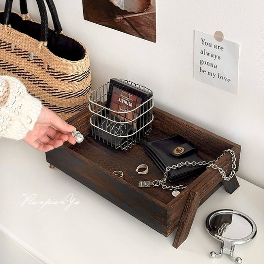 P retro solid color wooden tray free assembly high foot shape suitable for porch, bedroom, dining room