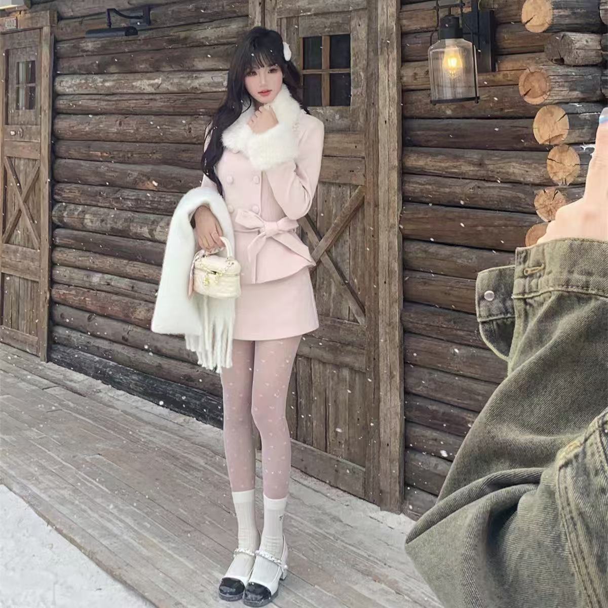 P Bowknot Waist-Cinching Coat and Dress Set