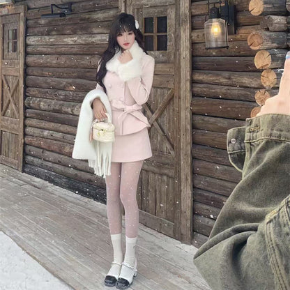 P Bowknot Waist-Cinching Coat and Dress Set