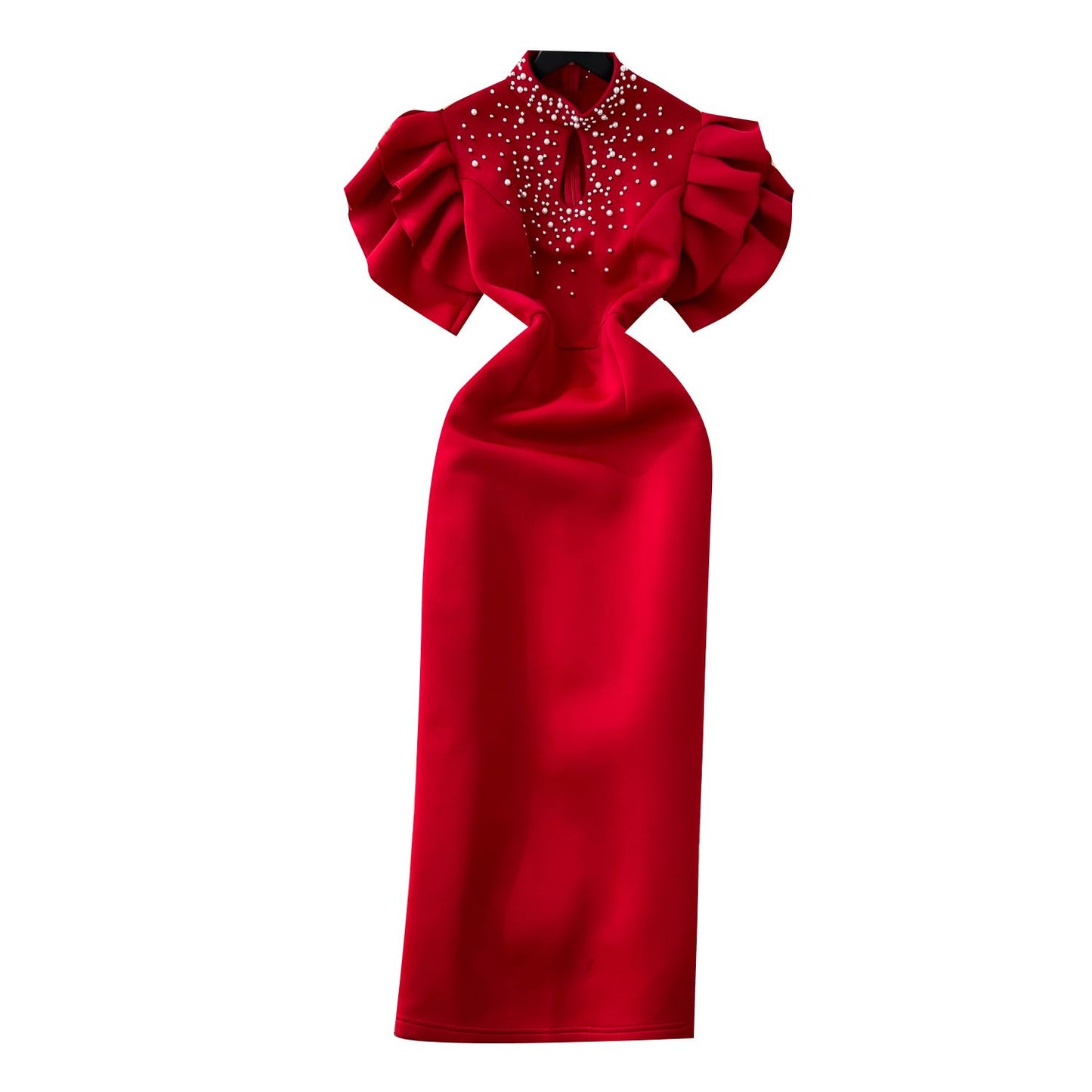 P dinner party dress women's clothing niche European and American sexy hollow bead lotus leaf sleeve waist slim hip dress