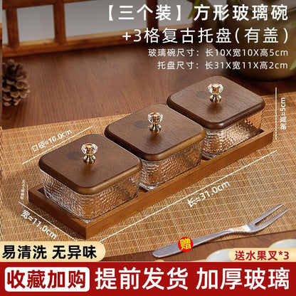 P Bamboo Wood Glass Fruit Snack Plate with Lid