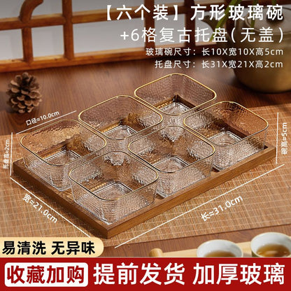 P Bamboo Wood Glass Fruit Snack Plate with Lid