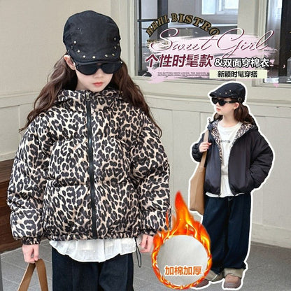 P wears cotton-padded clothes on both sides, parent-child clothes, new children's leopard print hooded warm thickened jacket, foreign gas cotton-padded jacket