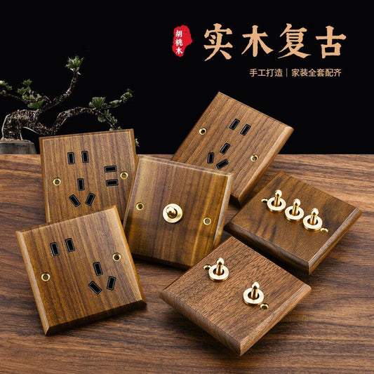 P  Black walnut brass lever power socket panel