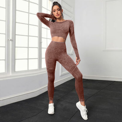 P new fashion washed hip lift high waist sports fitness pants two-piece set mesh tight long sleeve yoga fitness set