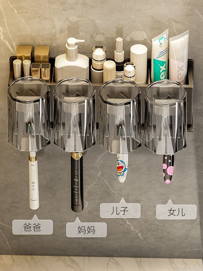 Gun ash toothbrush rack punch-free bathroom electric toothbrush holder gargle cup wall-mounted tooth cup storage rack - Mixbatch