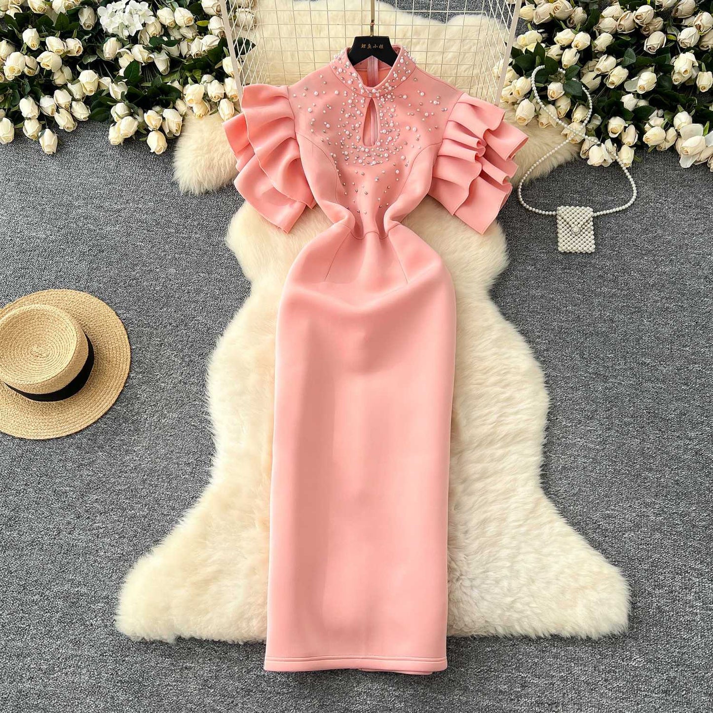 P dinner party dress women's clothing niche European and American sexy hollow bead lotus leaf sleeve waist slim hip dress