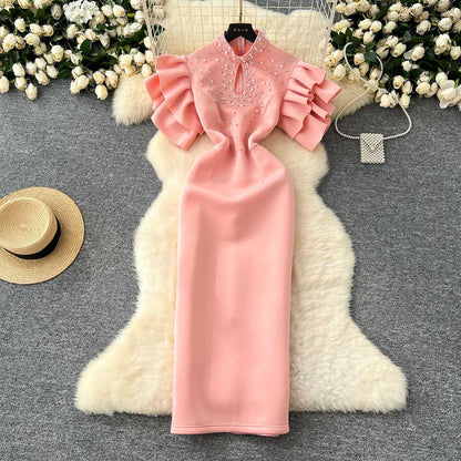 P dinner party dress women's clothing niche European and American sexy hollow bead lotus leaf sleeve waist slim hip dress