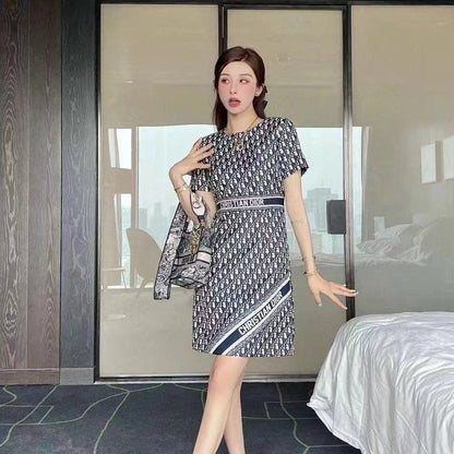 A high-end summer new old flower round neck fashion letter printing temperament thin dress short sleeves - Mixbatch